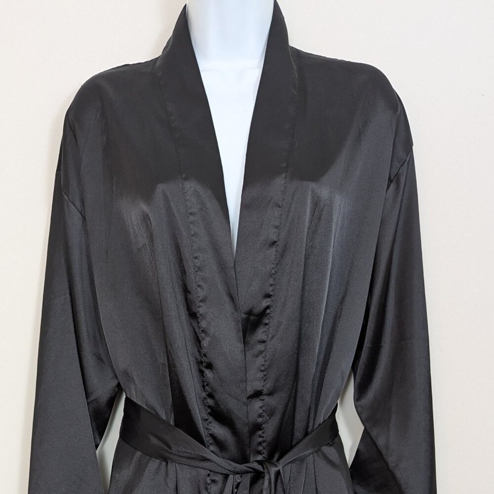Vintage Y2K Victoria’s Secret Black Satin Belted Short Robe Kimono Long Sleeve
